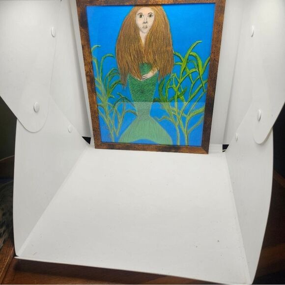 Handmade Framed Pencil Art Mermaid Colored Drawing 9x11 inch One of a Kind - Picture 5 of 9